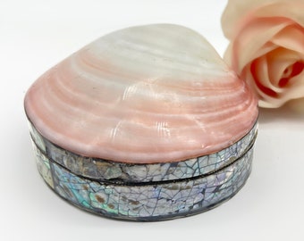 Vintage Tellin Shell Jewellery Box. Hand Crafted Mosaic Abalone Paua Shell. Velvet Lined Keepsake Storage. Clam Seashell Collectible Art Pot