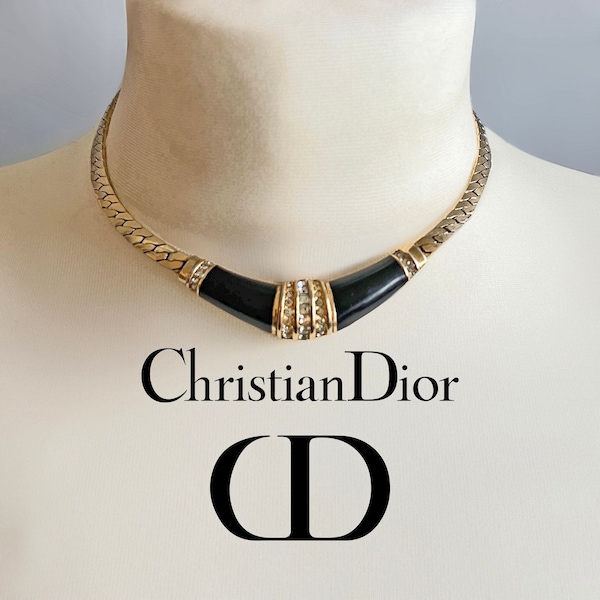 Genuine Signed Christian Dior Black Enamel & Crystal Gold Flat Curb Chain Necklace by Henkel and Grosse 1980s Vintage CD Designer Jewellery