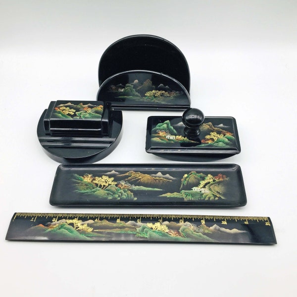 Asian Lacquer Desk Set. Chinese Hand Painted Mid 20th Century Chinoiserie. Letter Rack, Ink Blotter, Ruler, Tray & Penk Holder. 1950s 1960s