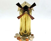 Windmill Money Box, Vintage Handmade Trench Art. Antique Patina Brass Ammunition Shell Copper Metal Blades, Unique Coin Saver Piggy Bank