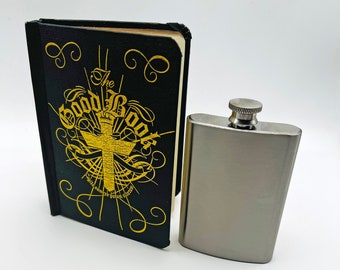Secret Hidden Hip Flask. Hollow Book Containing 4 fl.oz Steel Hipflask. Black & Gold Leaf GOOD BOOK. Novelty Drinkware Alcohol Decanter.