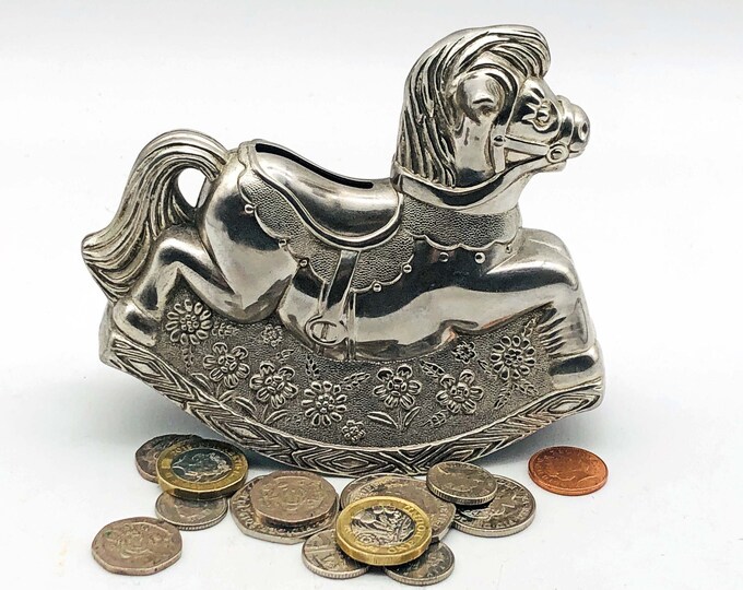 Vintage, British Sterling Silver Plated Rocking Horse Money Box / Piggy