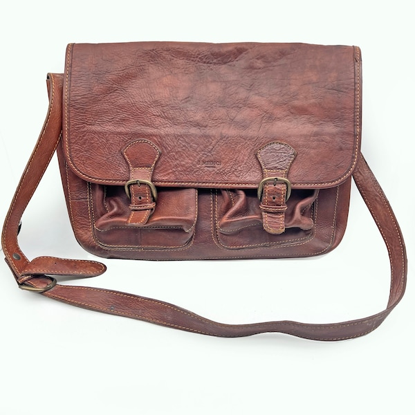 I MEDICI FIRENZE Leather Satchel. Vintage Unisex 16" x 11" Italian Tan Brown Cross Body Briefcase Travel Laptop Messenger Shoulder Bag 1990s