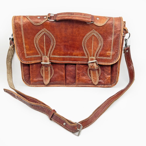 Vintage Leather Satchel. Large 16" x 11" Handmade Tan Brown Cross Body Messenger Shoulder Bag. Unisex Travel - Fashion - Laptop Accessory