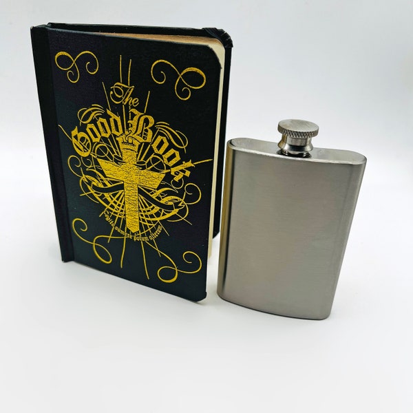 Secret Hidden Hip Flask. Hollow Book Containing 4 fl.oz Steel Hipflask. Black & Gold Leaf GOOD BOOK. Novelty Drinkware Alcohol Decanter.