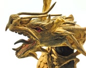 Hand Carved Dragon Sculpture. Wooden Handmade Asian Art Statue. Vintage Chinese Decorative Ornament. Box Wood Glass Eye Figurine