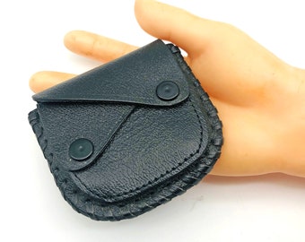 Vintage Coin Holder. Black Calf Hide Leather. 3 Compartment Folding Loose Change Case, Purse, Wallet. Unisex Retro Fashion Pocket Accessory.