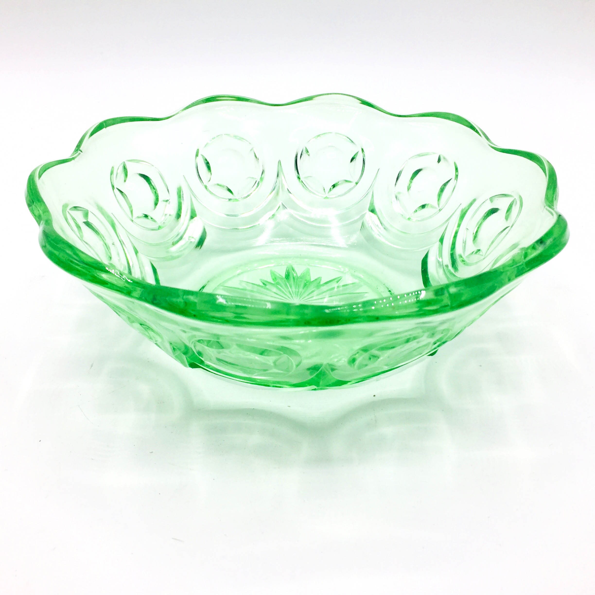 Image of 1930S - 40S Davidson Deco Pressed Green Glass Bowl. 937 Early 20Th Century Fruit Dish Centrepiece Decorative Collectible Glassware Tableware