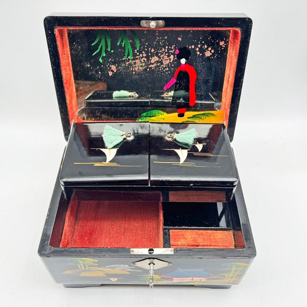 Boîte à bijoux musicale chinoiserie des années 1950 60, vintage, laque japonaise, incrustation de coquille, miroir de rangement verrouillable, peint à la main, étui à musique japonais asiatique