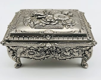 Vintage Jewellery Box. Silver Plated, Embossed 3D Floral Relief, Footed Jewelry Trinket Casket Case. Boudoir Dressing Table Storage Ornament