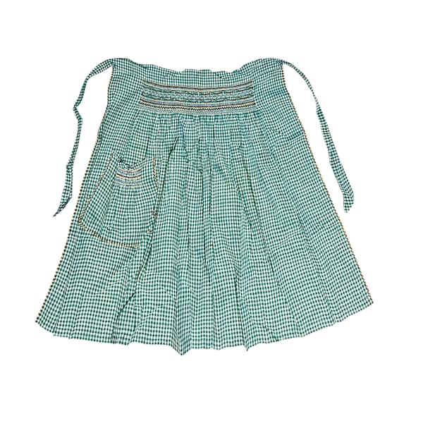 Vintage Skirt Apron. Embroidered Smocked Green Gingham Check Cotton Linen. Waist Tie, Single Pocket Retro Collectible Kitchen Kitchenalia