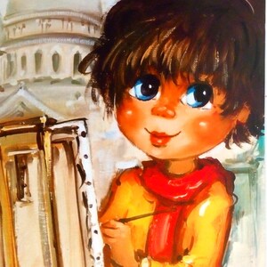 Original 1960s Big Eye Children Lithograph. Vintage French Big EYED Boy Print. Paris Illustrations MCM Beatnik Artwork. Retro Wall Art Decor image 3