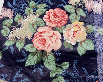 Vintage Fabric Length Remnant. Polished Glazed Cotton Chintz. Pink Cabbage Roses on Dark Blue Design. 1980s Upholstery Cottagecore 4.5' sq