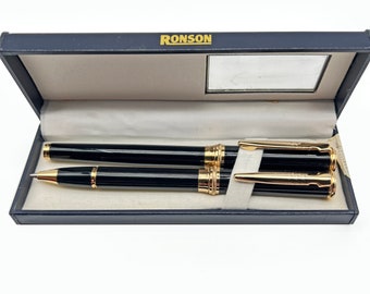 RONSON Füllfederhalter & Druckbleistift Set. 1990s Vintage schwarz-vergoldetes Schreibgerät in Originaler Geschenkbox. Super Zustand