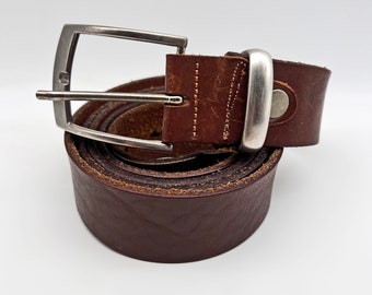 Vintage Italian Leather Belt. Mid - Dark Brown Thick Hide. Silver Metal Buckle. Waist / Hip Slung 46" - 54" Classic XL Unisex Accessory