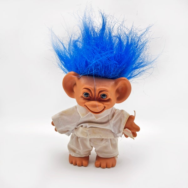 6" Wishnik Uneeda Troll Gonk Doll. White Outfit. Electric Blue Hair. Double Horseshoe Stamp. Vintage 1990s Retro Collectible Toy Play Figure