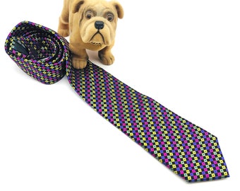 Vintage Paul Williams Tie. 100% Pure Silk. Black, Hot Pink, Yellow Green Purple, Woven Diamond Stripe Pattern. Designer Luxury Brand Necktie