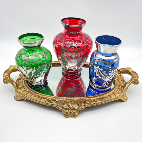 3x Sterling Silver Overlay Venetian Glass Vases. Ruby Red, Emerald Green & Cobalt Blue. Small Vintage Ornate Bohemian Murano Glassware Set