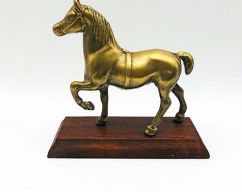 Vintage Brass Horse Sculpture. Solid Cast Equestrian Statue, Wooden Plinth Base. 6.5" Decorative Stallion Figurine Mid 20th Century Homeware