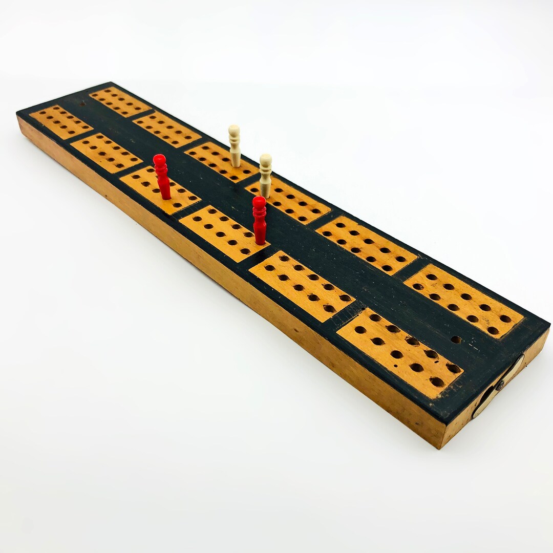 Vintage Crib / Cribbage Wooden Board & Marker Pegs. 1940s Two Tone Teak