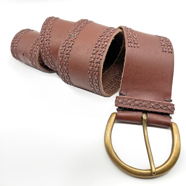 Unisex Leather Belt. Big Bronze Buckle. Cross Stitched Tan Brown Hide. 7cm Wide. Adjustable Waist / Hip Slung  32" - 36" Vintage Accessory