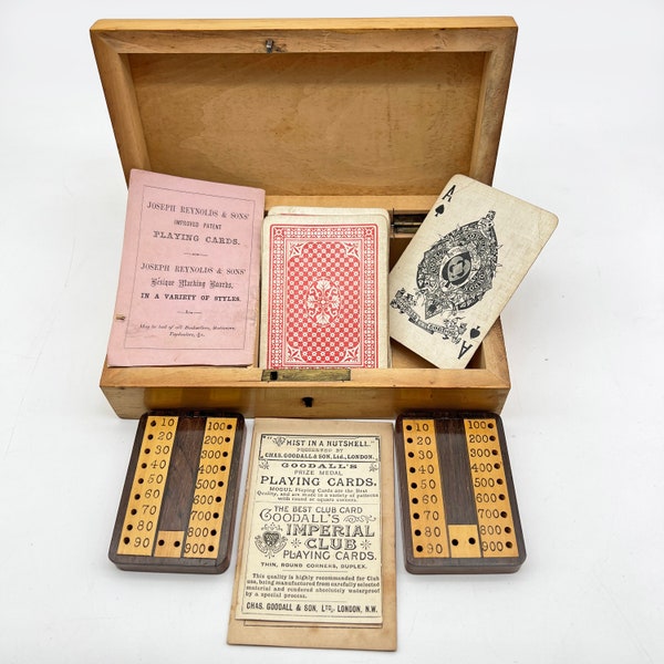 Antique Bezique Set. 1870s Joseph Reynolds Sycamore Besique Box Compendium  2 Rosewood Markers Goodall's Deck of Cards & Rules Instructions