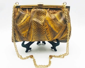 Vintage Snakeskin Handbag. 1970s Patchwork Python Leather Purse. Gold Metal Chain & Rhinestone Shoulder Strap Exotic Retro Fashion Accessory