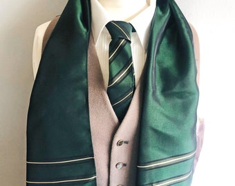 Gentleman's SAMMY Scarf & Tie. Two Tone Green and Stripe Taffeta Acetate. Tassel Fringed Cravat Mid 20th Century Vintage Men's MCM Accessory