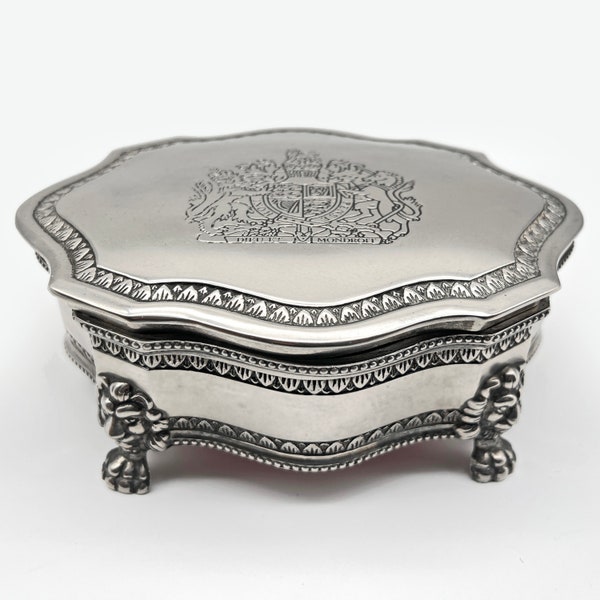 Large Silver Casket Case. Ornate Vintage Embossed Metal Footed & Velvet Lined Trinket Jewellery Storage Box. Engraved Royal Coat of Arms