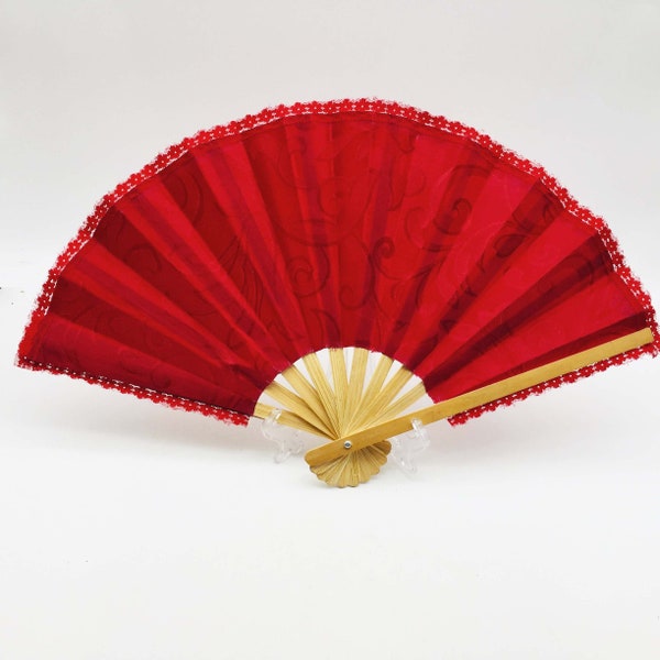 Vintage Chinese Fan. Accordion Pleated Red Damask Fabric. Blonde Wood Folding Chinoiserie Accessory Collectible Asian Decorative Artifact