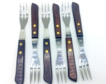 6 Forks Cutlery Canteen Set. 1960s 1970s Vintage Modernist Stainless Steel & Teak Wood. Mid 20th Century Minimalist Retro Flatware
