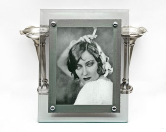 Art Deco Picture Frame. Large 12" x 10" Bevelled Glass, Chrome & Wooden Backed Antique Photo Holder. Vintage Early 1900s Modernist Decor