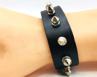 Unisex Wristband. Black Leather, Silver Studding & Silver Metal Buckle Bracelet. Adjustable Length. 2.5cm wide Punk Goth Emo Biker Accessory