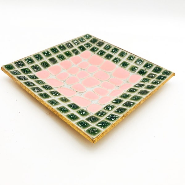 Vintage Ceramic Tile & Pebble Mosaic Dish. Pink and Green Square Bowl. 1950s - 1960. Mid 20th Century Georges Briard Style. Retro Home Decor