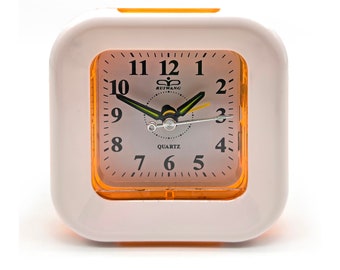 Retro Quartz Alarm Clock. Space Age White & Neon Orange 4" Cube Design by Ruiwang. Illuminated Face GWO Shelf / Bedside Timekeeper 70s 80s