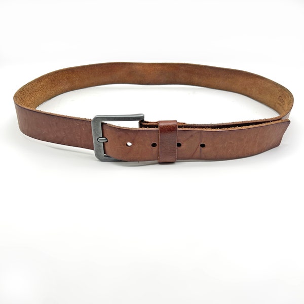 Vintage GAP Unisex Leather Belt. Silver Gun Metal Square Buckle. Mid Tan Brown Distressed Hide. 3.5cm Wide Size Waist / Hip Slung  34" - 38"