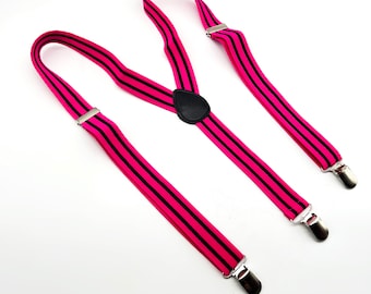 Vintage Herren Hosenträger. 1 "Breite Neon Pink & Schwarz Streifen Muster Verstellbare Gurtbänder. Clip Auf Hosen Hosenträger. Retro Herren Accessoire