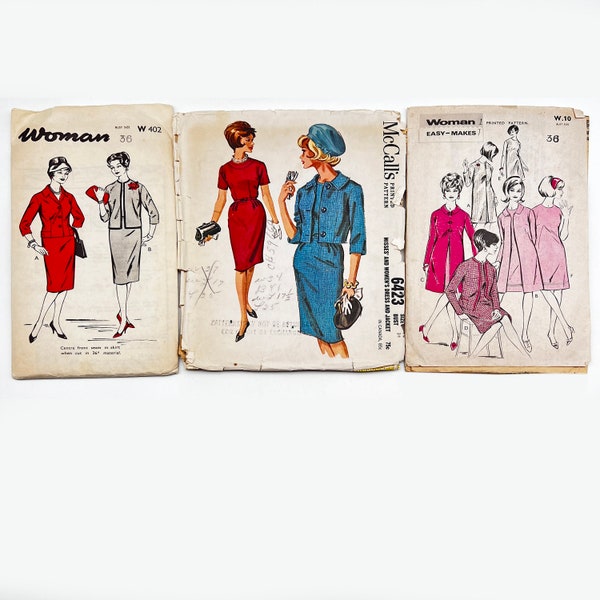 Modèles de couture des années 1950 Ensemble de 3 modèles de papier de couture vintage du milieu du siècle Costume, Veste, Robe droite, Duster Coat Bust Taille 34 - 36