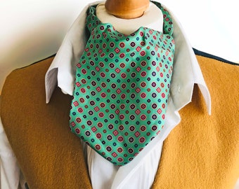 Gentleman's Ascot Cravat. Geometric Pattern On Green Blue Silk. Vintage PL Sells 20th Century Vintage Men's MCM Neckwear Clothing Accessory