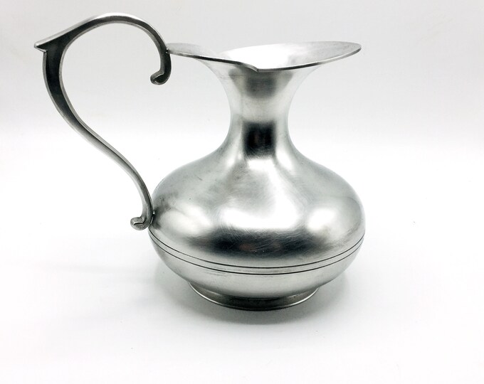Vintage Large Metal Pitcher. Satin Finish Oriental Pewter Jug Ewer Vase
