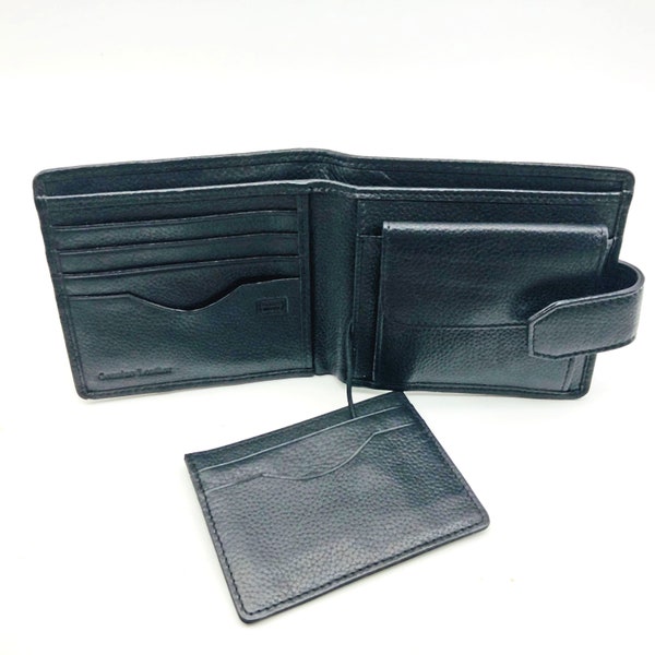 Leather Bifold Wallet & Pull Out Credit Card Holder. Black Super Soft Calfskin. Vintage Multi Slot Coin Bill Note Money Pocket Accessory.