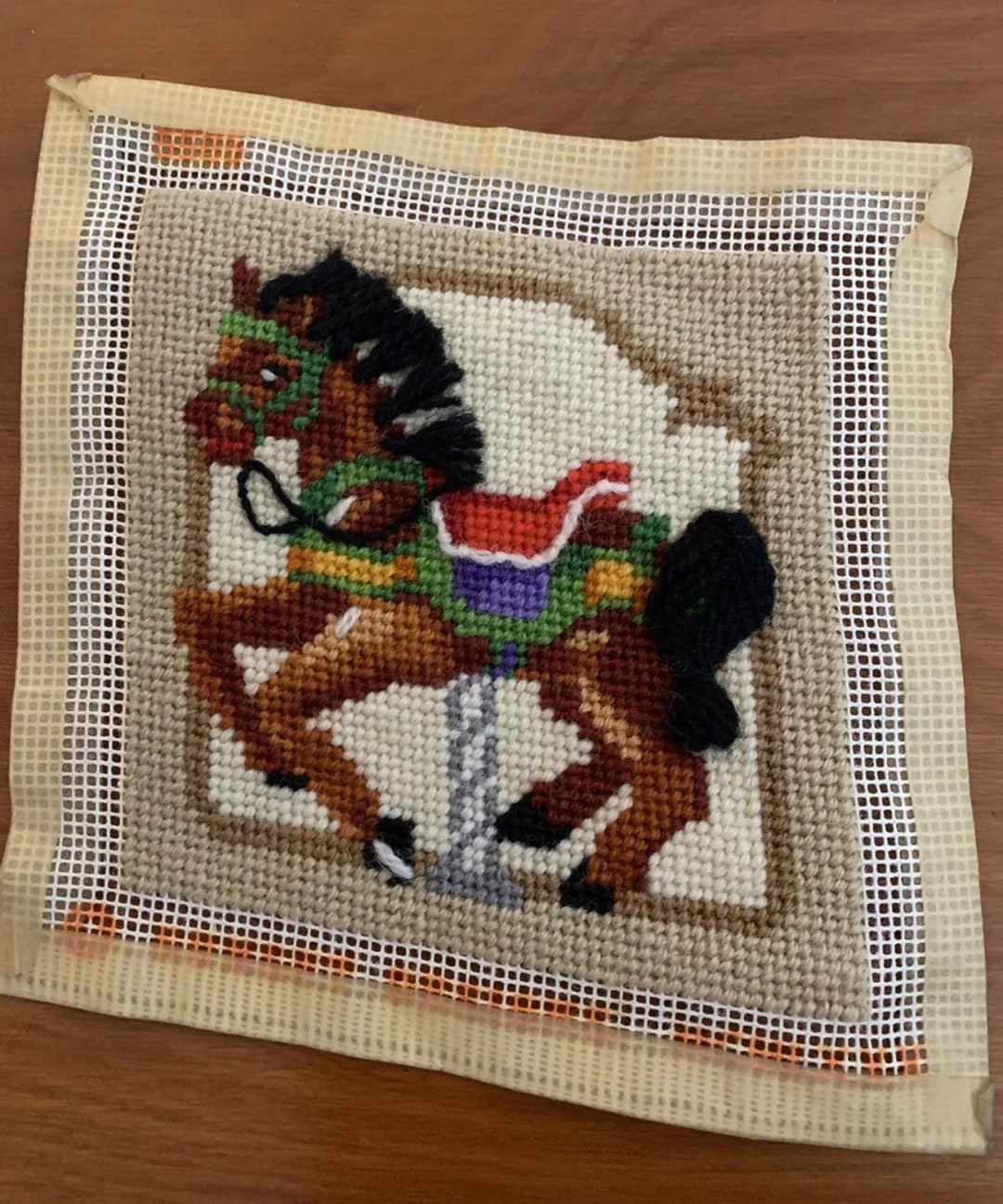 Carousel Needlepoint Unframed Carousel Horse Needlepoint Crewel Embroidered Vintage Pony 4. ...