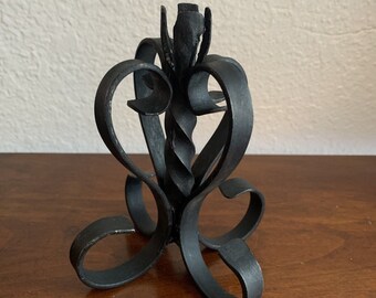 Vintage Arts and Craft Style Wrought Iron Candle Stick Holder Black Metal MCM