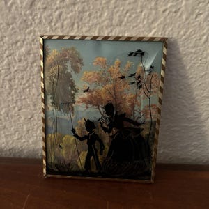 Vintage Convex Bubble Glass Reverse Painted Silhouette Picture 4 x 5 Boy & Lady
