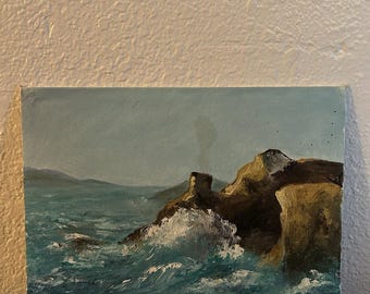 Vintage Coastal Seascape Painting Cliff Ocean Waves 9x12 Signed B. Lee Original
