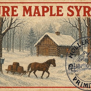 Könnte beinhalten: Vintage-Schild mit dem Text "PURE MAPLE SYRUP" in Rot. Ein Pferd zieht einen Schlitten mit Fässern durch einen verschneiten Wald zu einer Blockhütte. Das Schild hat ein rustikales, gealtertes Aussehen.