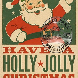 May include: Vintage-style Christmas card featuring Santa Claus in a red suit and hat, waving with a cheerful expression. The card has a green and beige color scheme with the text "Have a Holly Jolly Christmas."