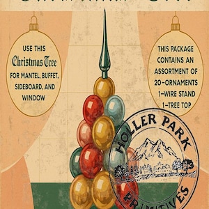 Puede incluir: Paquete de decoración navideña de estilo vintage con el texto "Christmas Tree". El paquete incluye 20 adornos, un soporte de alambre y una copa de árbol. El diseño presenta un grupo de bolas de colores y un sello "Holler Park Primitives".