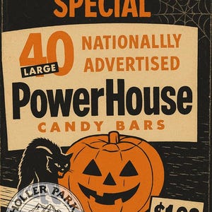 Op de afbeelding: Vintage Halloween-advertentie met een pompoen, een zwarte kat en de tekst "Trick-R-Treat Special". Het adverteert "PowerHouse Candy Bars". De poster bevat een prijskaartje van $1,99 en een "Holler Park Primitives"-logo.