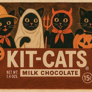May include: Vintage-style illustration of a candy bar box featuring four black cats dressed in Halloween costumes. The box reads "KIT-CATS" and "MILK CHOCOLATE". The net weight is 1.4 oz.